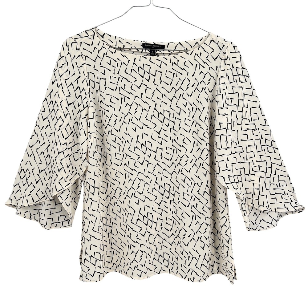 Banana Republic Womens Blouse Ivory Black Geometric Wrap Bell Sleeve Office S